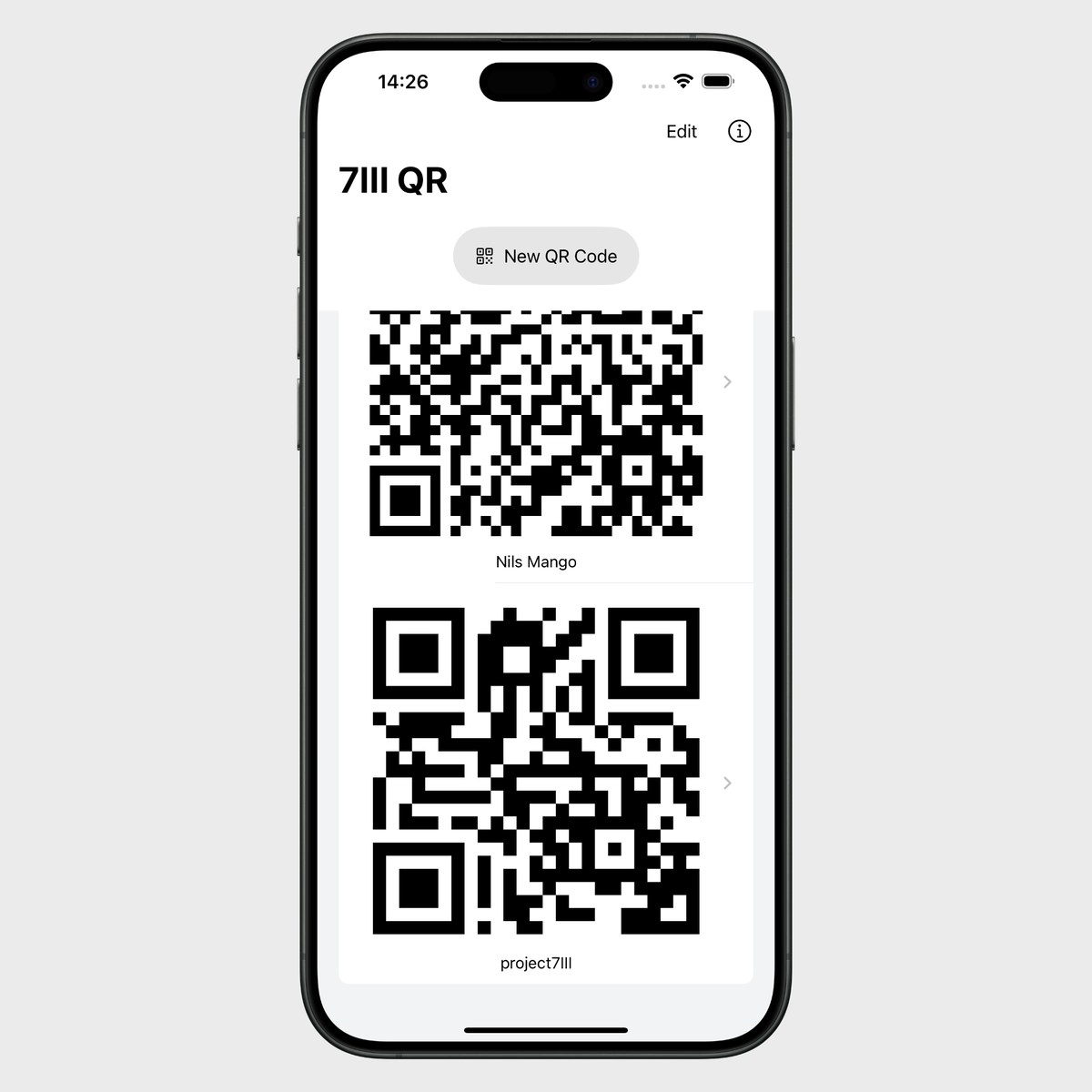 7III QR, a simple QR code maker app showing some QR codes.